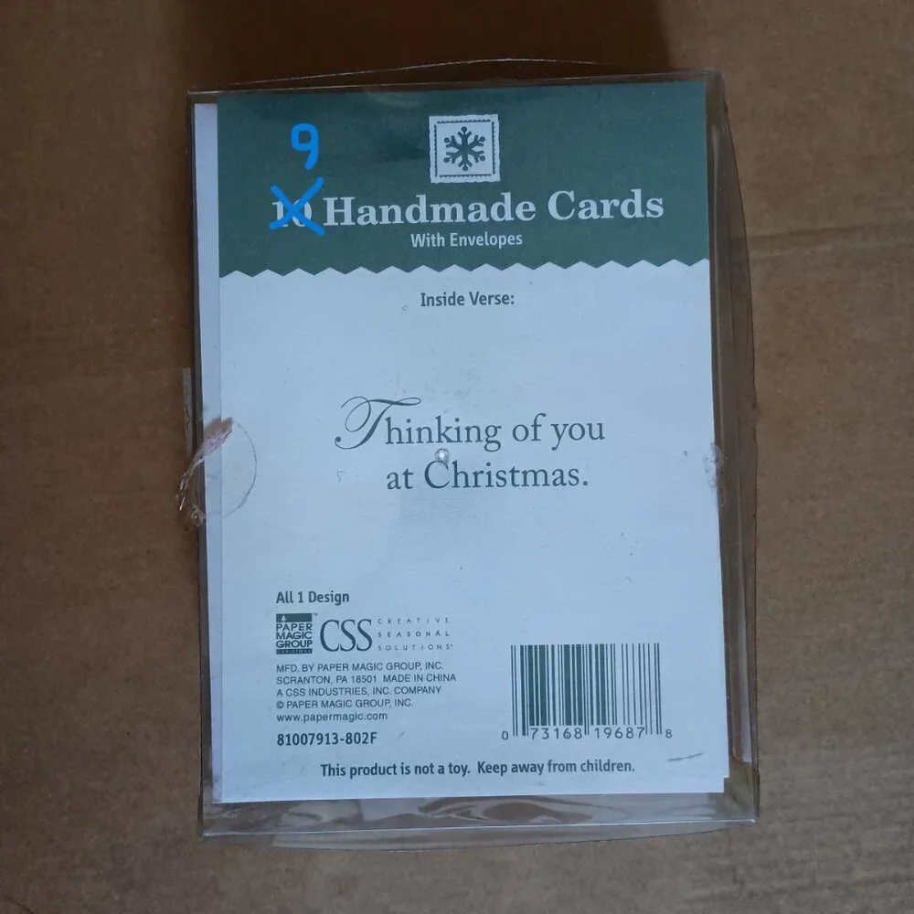 9 handmade Christmas cards with envelopes in box